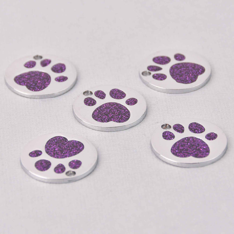 4 Purple Pet Tag Charms, Glitter Enamel Paw Print with Silver, 25mm, chs7809