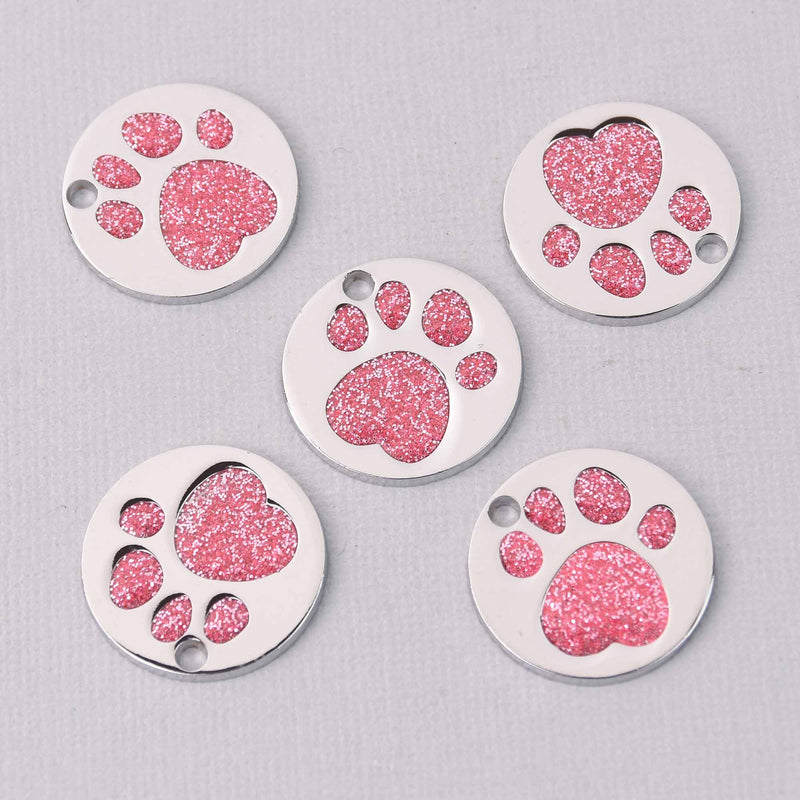 4 Light Pink Pet Tag Charms, Glitter Enamel Paw Print with Silver, 25mm, chs7810