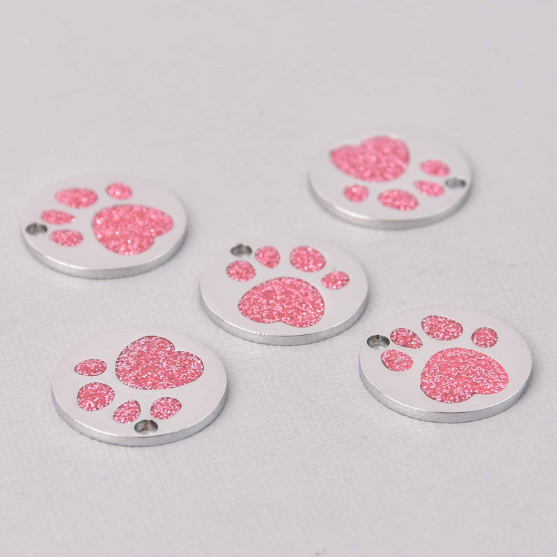 4 Light Pink Pet Tag Charms, Glitter Enamel Paw Print with Silver, 25mm, chs7810