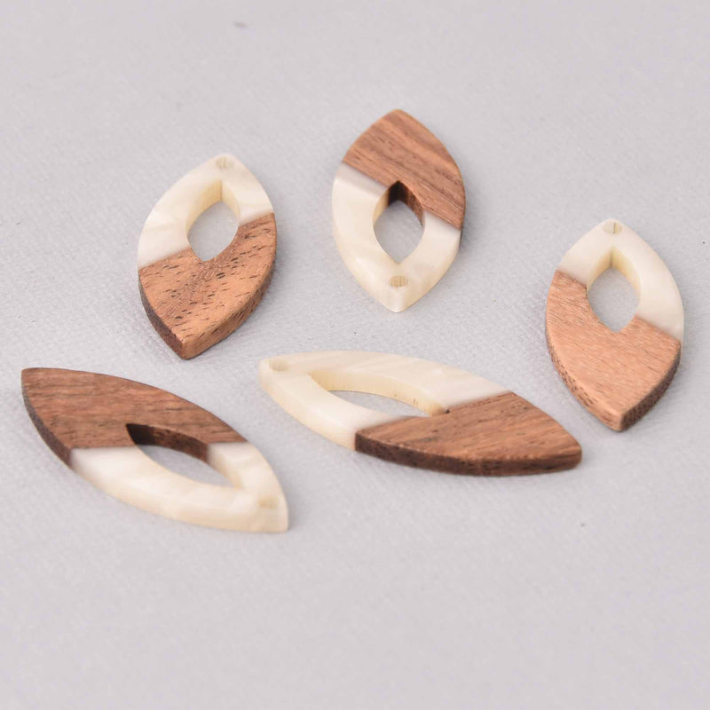 4 White Pearl Marquis Charms, Resin and Real Wood, 1.5", chs7811