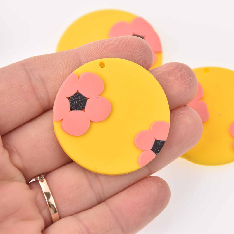 2 Flower Charms, Yellow Polymer Clay, 40mm, chs7815