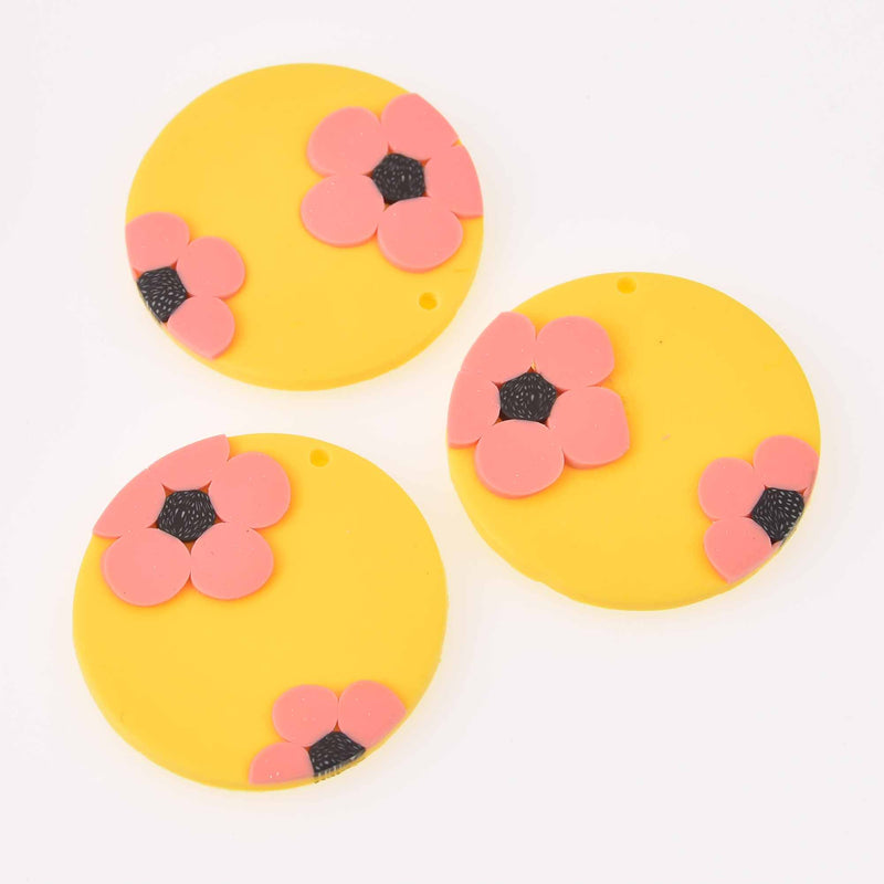 2 Flower Charms, Yellow Polymer Clay, 40mm, chs7815