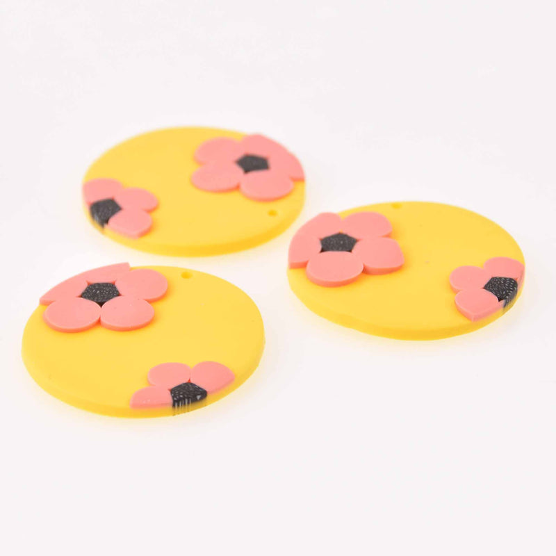 2 Flower Charms, Yellow Polymer Clay, 40mm, chs7815