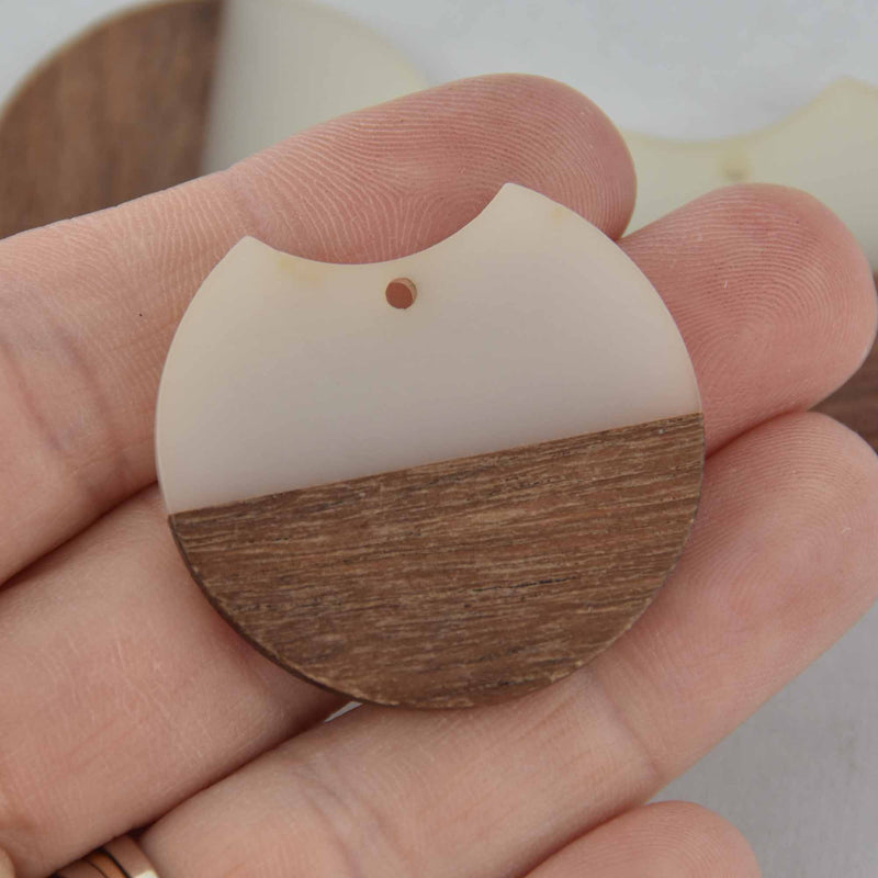 2 Round Moon Charms, Cream Resin and Real Wood, 1.5", chs7816