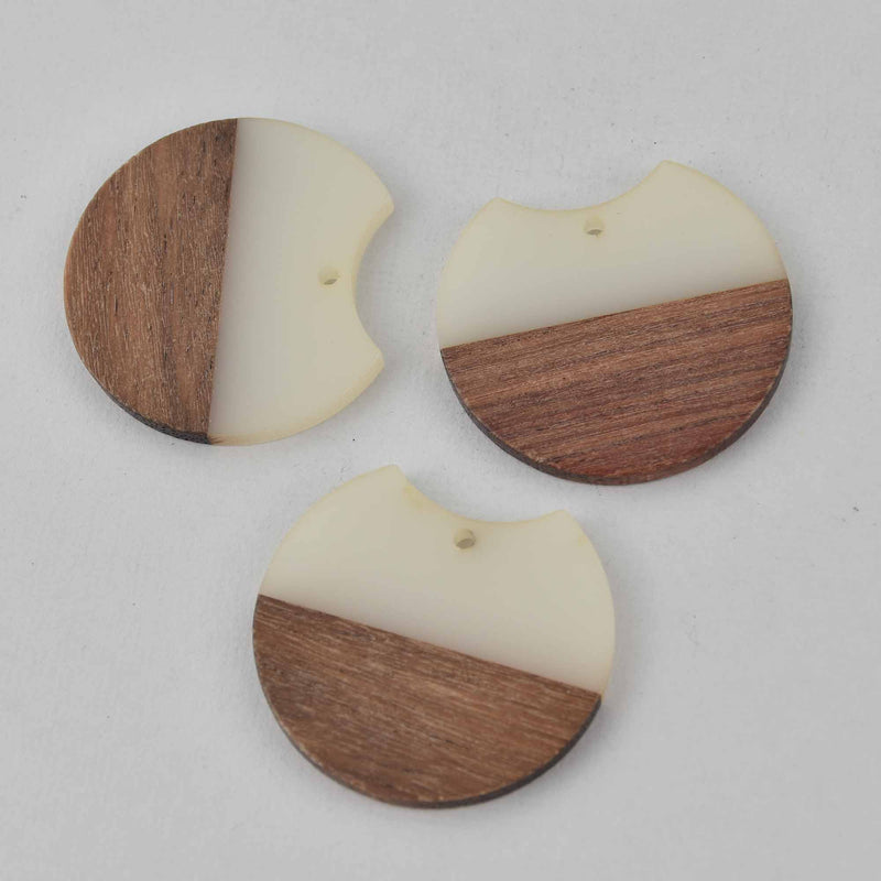 2 Round Moon Charms, Cream Resin and Real Wood, 1.5", chs7816