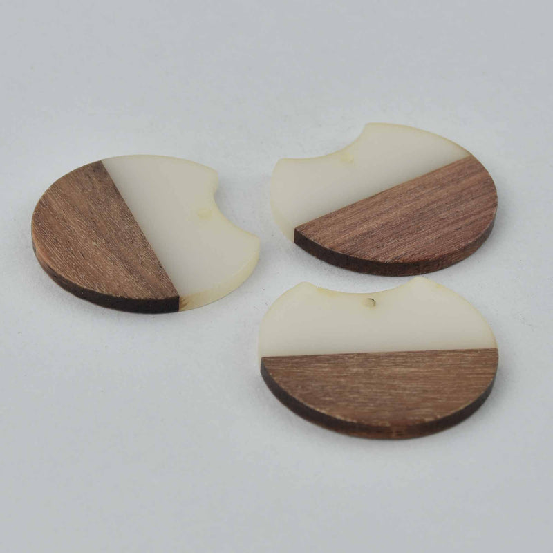 2 Round Moon Charms, Cream Resin and Real Wood, 1.5", chs7816