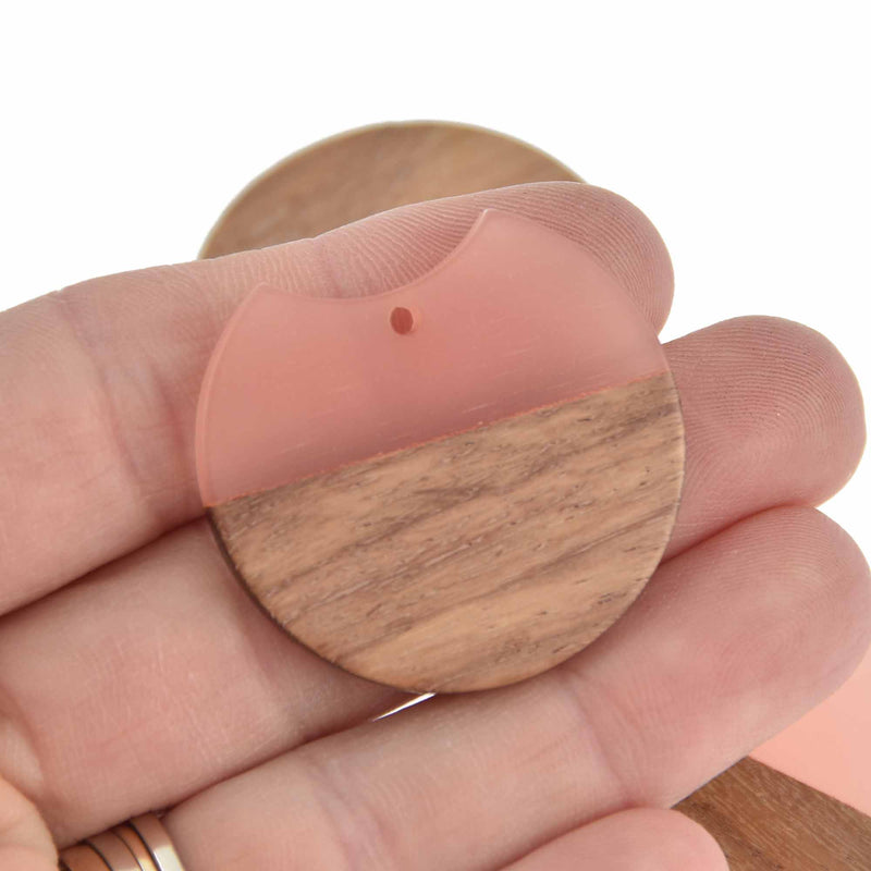 2 Round Moon Charms, Pink Resin and Real Wood, 1.5", chs7817