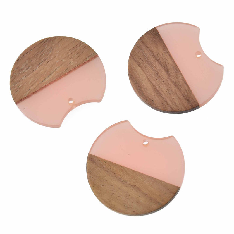 2 Round Moon Charms, Pink Resin and Real Wood, 1.5", chs7817