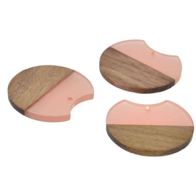 2 Round Moon Charms, Pink Resin and Real Wood, 1.5", chs7817