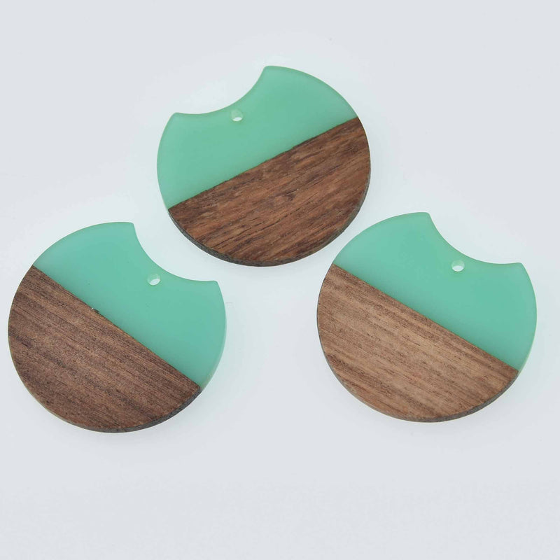 2 Round Moon Charms, Teal Resin and Real Wood, 1.5", chs7818