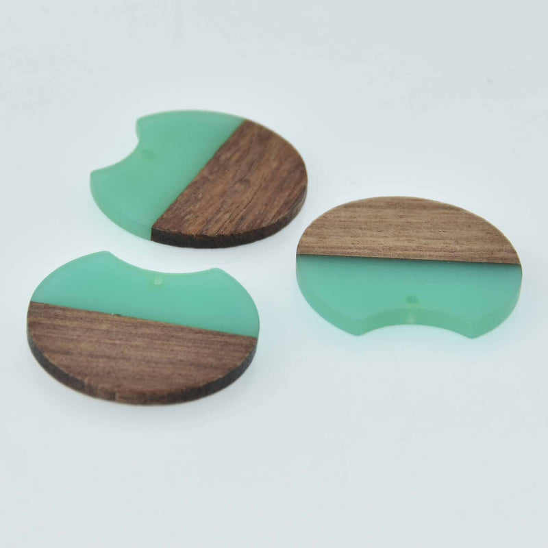 2 Round Moon Charms, Teal Resin and Real Wood, 1.5", chs7818