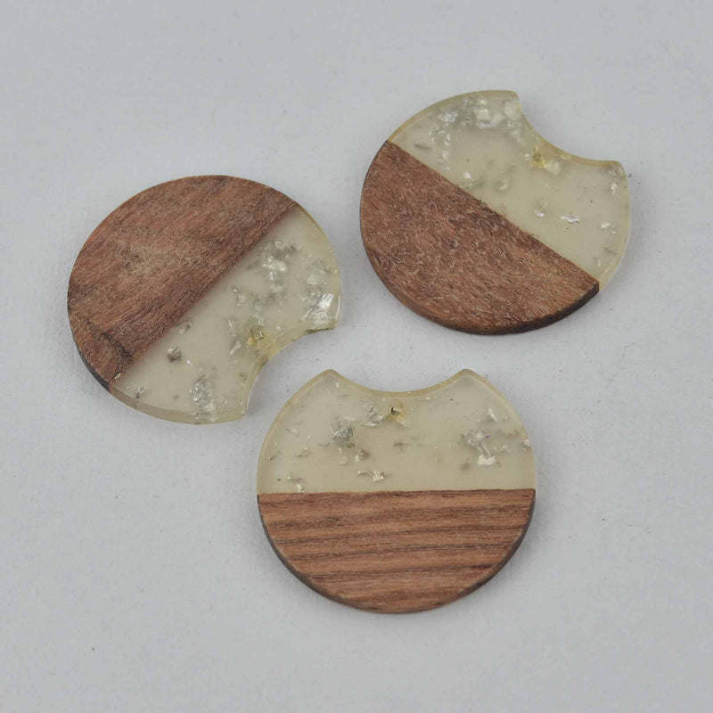 2 Round Moon Charms, Silver Flakes with Resin and Real Wood, 1.5", chs7819