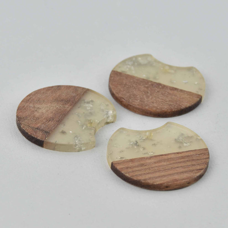 2 Round Moon Charms, Silver Flakes with Resin and Real Wood, 1.5", chs7819