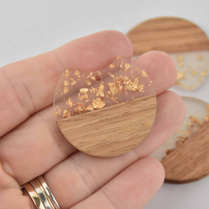 2 Round Moon Charms, Gold Flakes with Resin and Real Wood, 1.5", chs7820