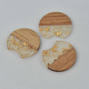 2 Round Moon Charms, Gold Flakes with Resin and Real Wood, 1.5", chs7820