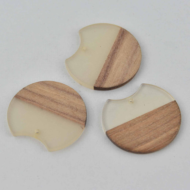 2 Round Moon Charms, Frosted Clear Resin and Real Wood, 1.5", chs7821