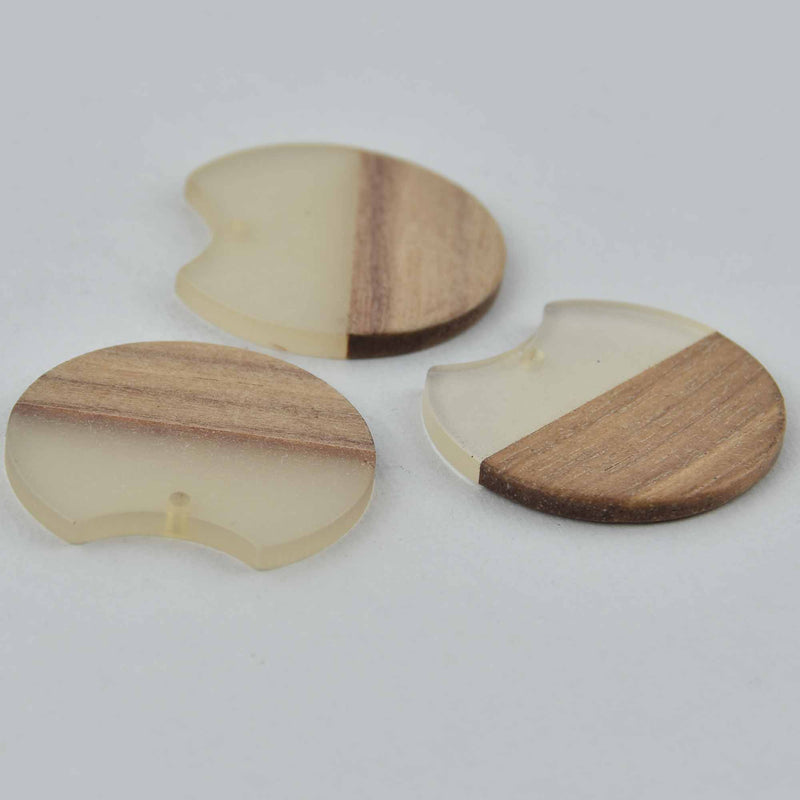 2 Round Moon Charms, Frosted Clear Resin and Real Wood, 1.5", chs7821