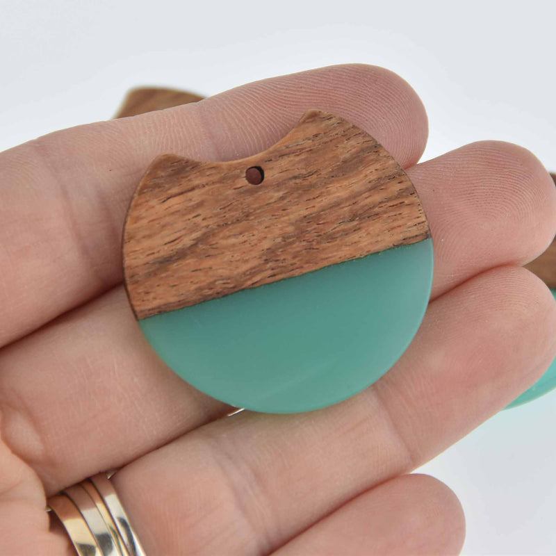 2 Round Moon Charms, Teal Resin and Real Wood, 1.5", chs7822