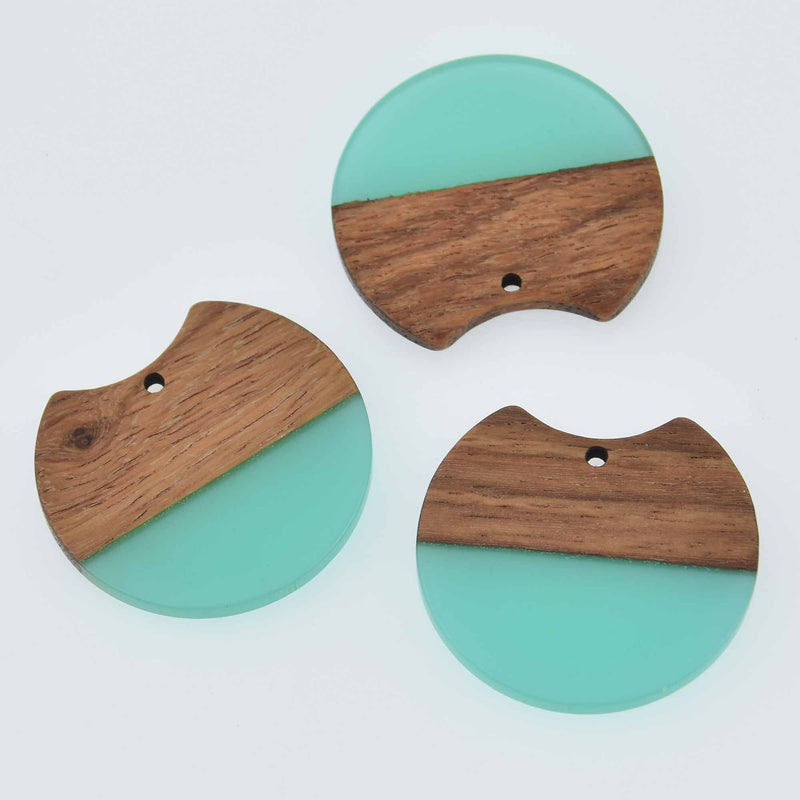 2 Round Moon Charms, Teal Resin and Real Wood, 1.5", chs7822