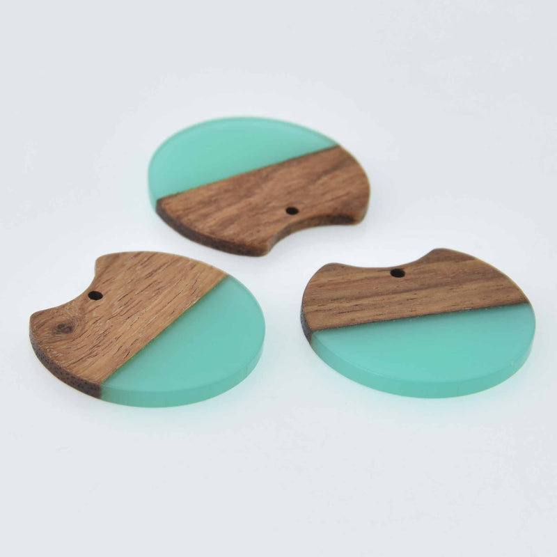 2 Round Moon Charms, Teal Resin and Real Wood, 1.5", chs7822