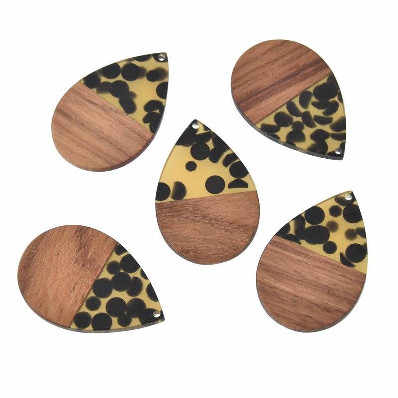 2 Teardrop Charms, Brown and Black Speckled Resin with Real Wood, 47mm long, chs7825