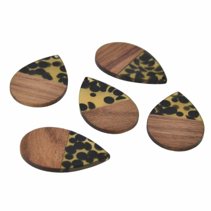 2 Teardrop Charms, Brown and Black Speckled Resin with Real Wood, 47mm long, chs7825