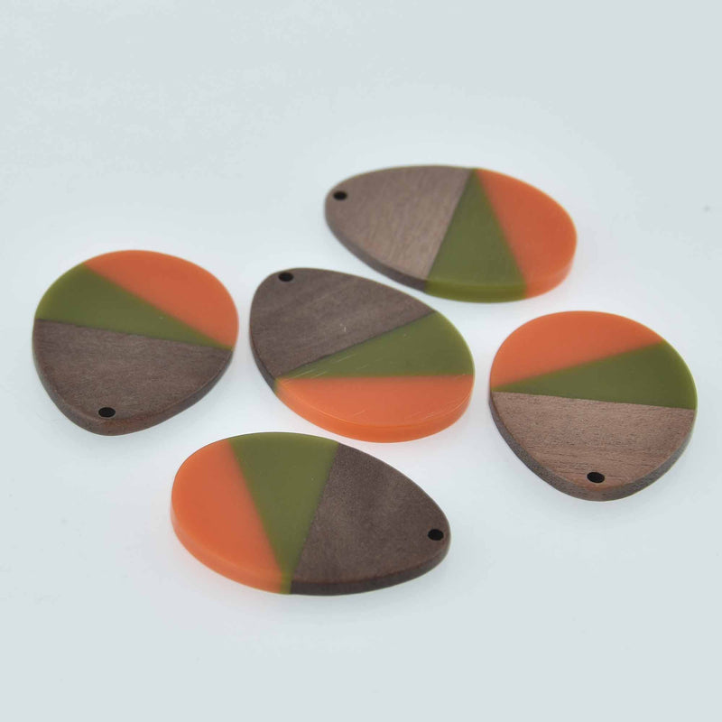 2 Teardrop Charms, Orange and Green Resin with Real Wood, 37mm long, chs7826