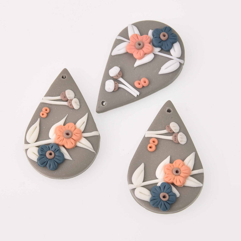 2 Flower Charms, Polymer Clay, Teardrop, 40mm, chs7827