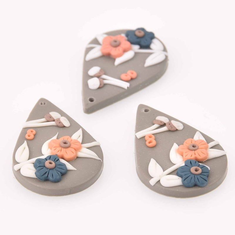 2 Flower Charms, Polymer Clay, Teardrop, 40mm, chs7827