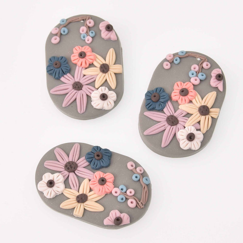 2 Flower Charms, Polymer Clay, Oval, 45mm, chs7828