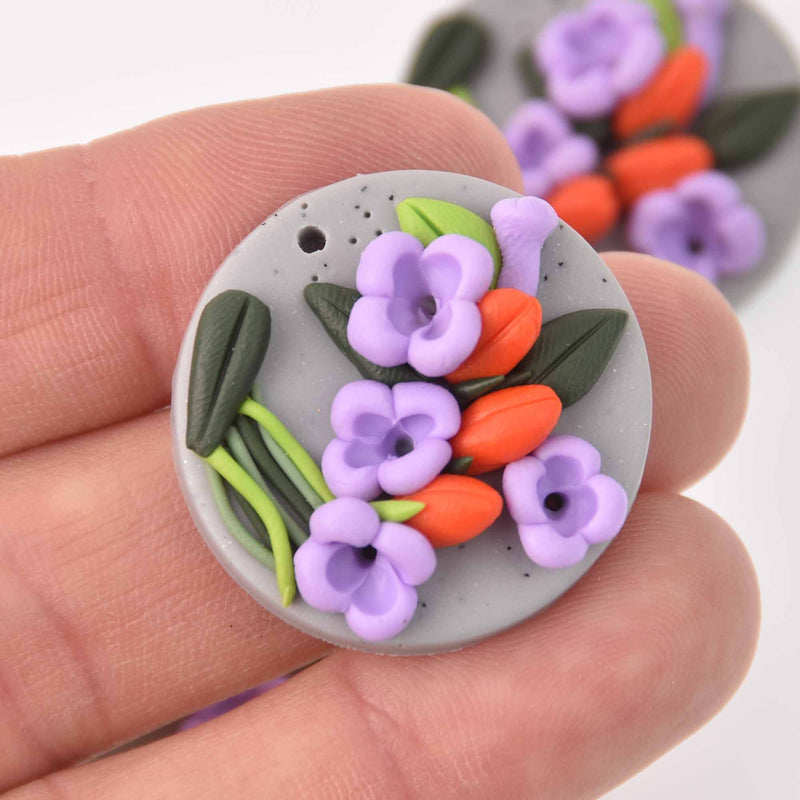 2 Flower Charms, Polymer Clay, 30mm, chs7830