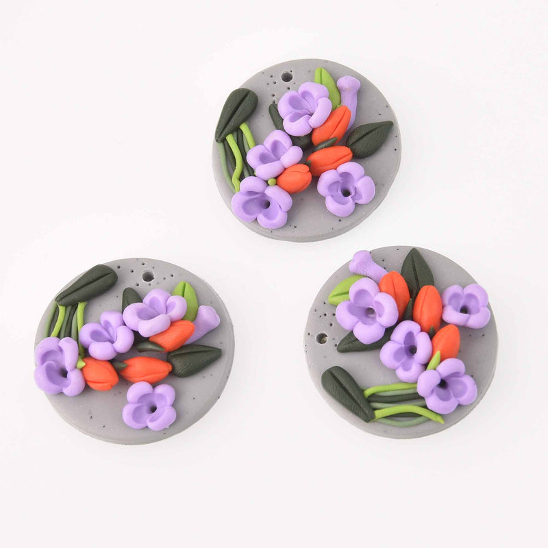 2 Flower Charms, Polymer Clay, 30mm, chs7830