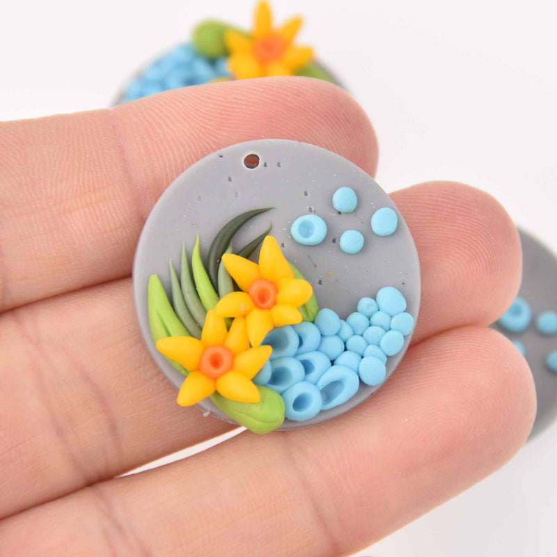 2 Flower Charms, Polymer Clay, 30mm, chs7831