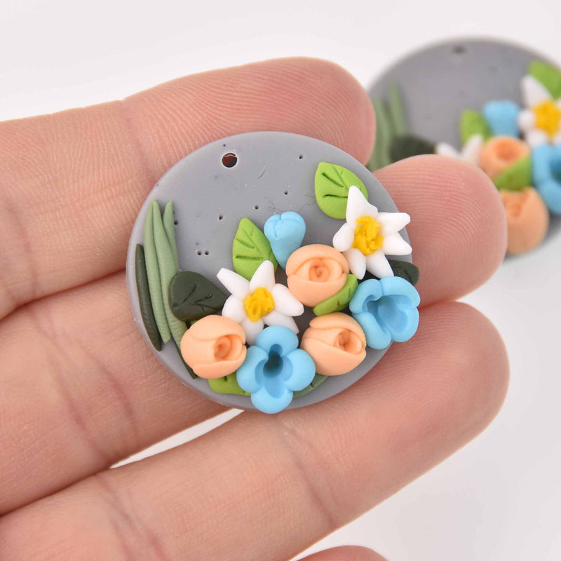 2 Flower Charms, Polymer Clay, 30mm, chs7832