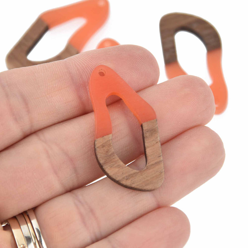 2 Orange Resin Wood Charms, Twisted Oval, 1.5", chs7840