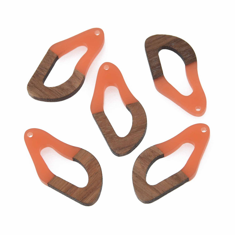 2 Orange Resin Wood Charms, Twisted Oval, 1.5", chs7840