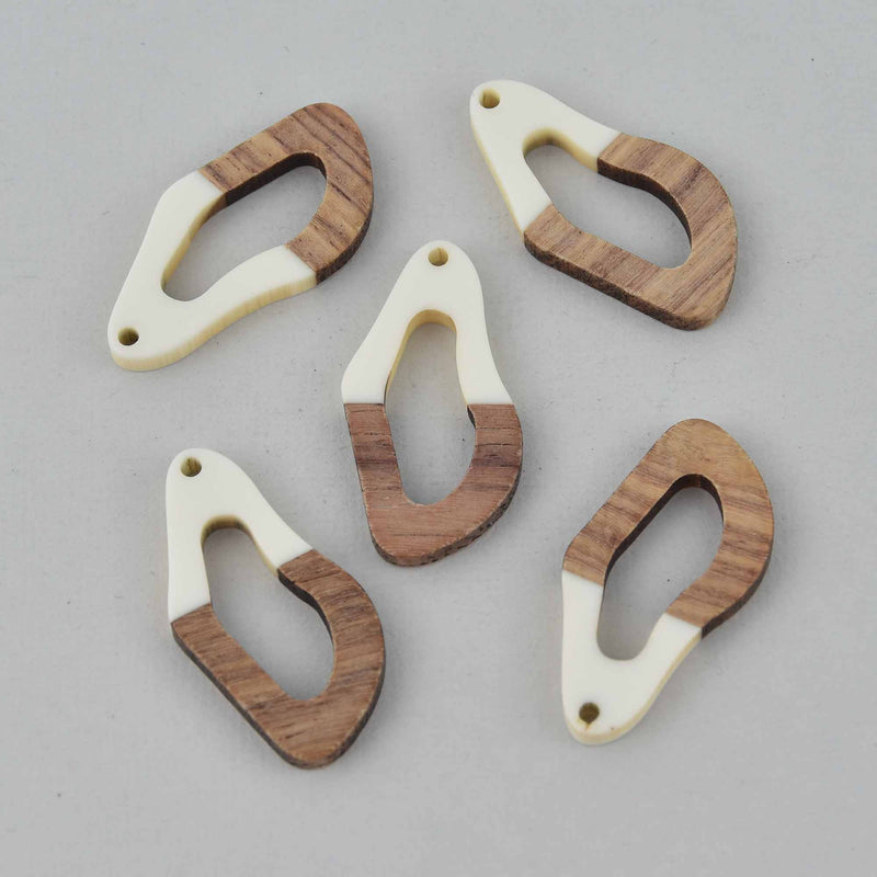 2 White Resin Wood Charms, Twisted Oval, 1.5", chs7842