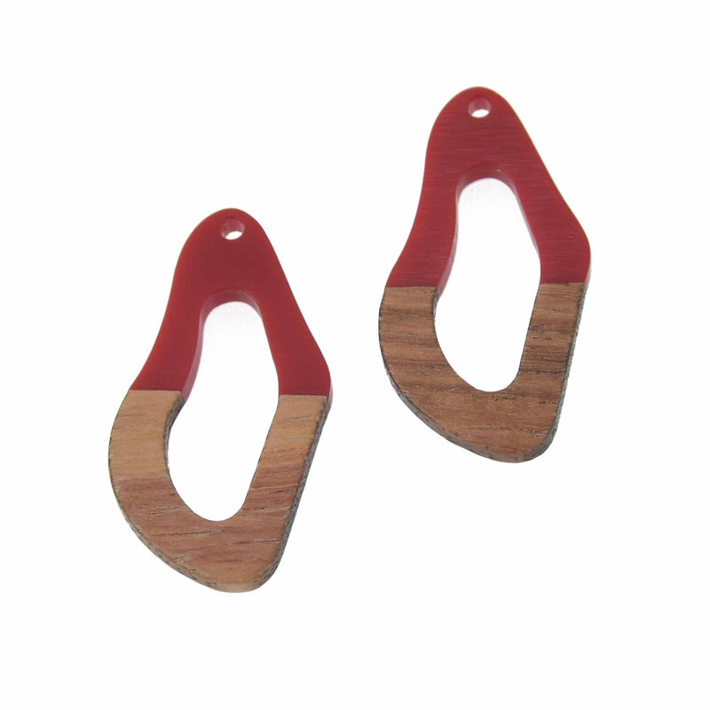 2 Red Resin Wood Charms, Twisted Oval, 1.5", chs7847