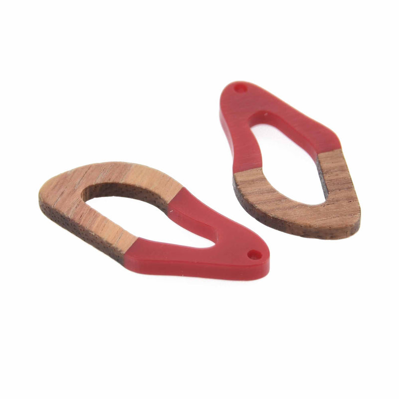 2 Red Resin Wood Charms, Twisted Oval, 1.5", chs7847