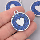 2 Royal Blue Heart Charms, Glitter Enamel with Silver, 34mm, chs7848