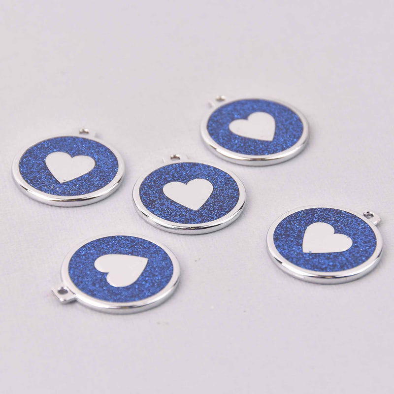 2 Royal Blue Heart Charms, Glitter Enamel with Silver, 34mm, chs7848