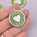 2 Lime Green Heart Charms, Glitter Enamel with Silver, 34mm, chs7849