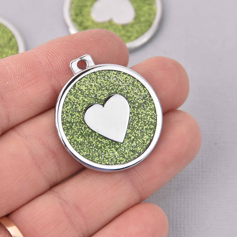 2 Lime Green Heart Charms, Glitter Enamel with Silver, 34mm, chs7849