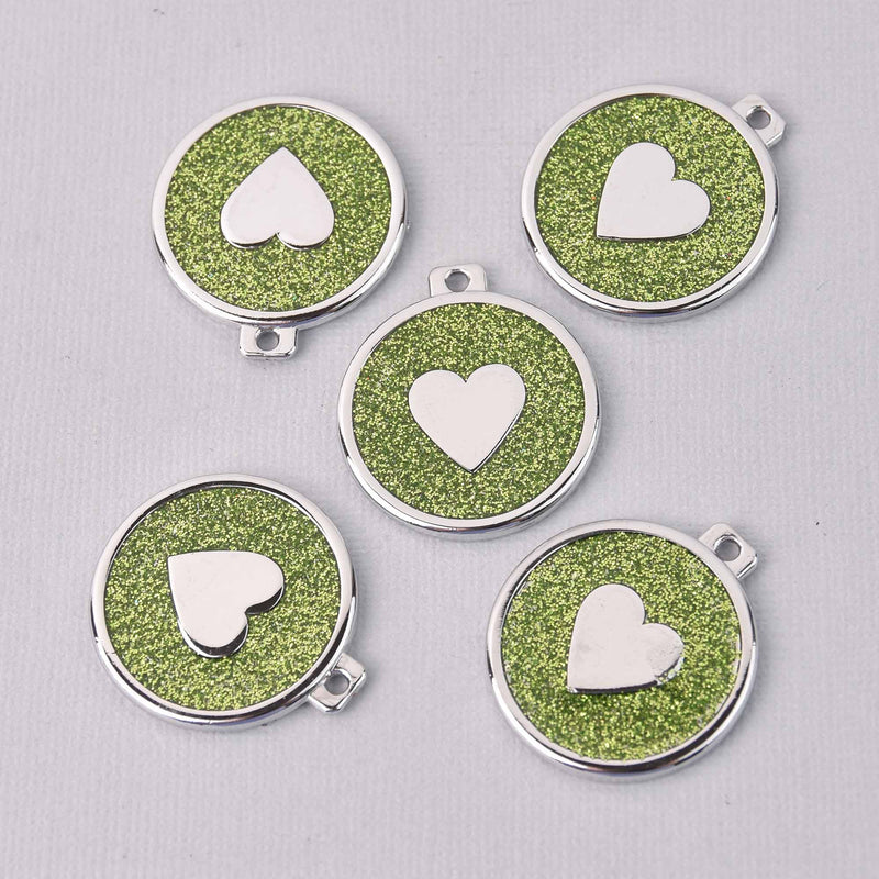 2 Lime Green Heart Charms, Glitter Enamel with Silver, 34mm, chs7849