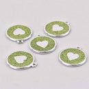 2 Lime Green Heart Charms, Glitter Enamel with Silver, 34mm, chs7849