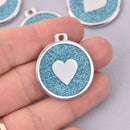 2 Turquoise Blue Heart Charms, Glitter Enamel with Silver, 34mm, chs7850