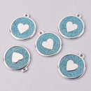 2 Turquoise Blue Heart Charms, Glitter Enamel with Silver, 34mm, chs7850