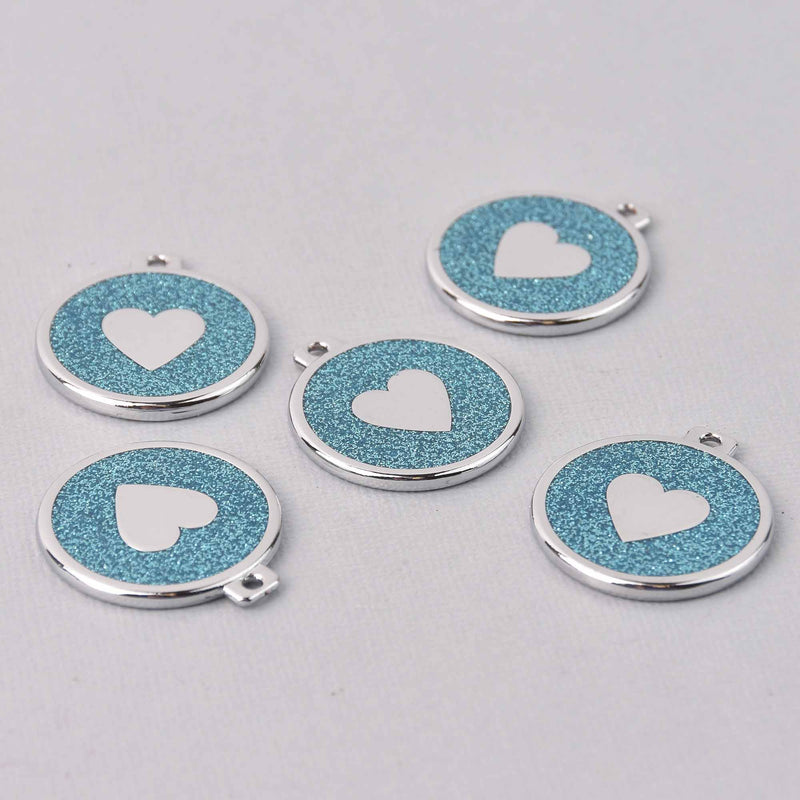 2 Turquoise Blue Heart Charms, Glitter Enamel with Silver, 34mm, chs7850