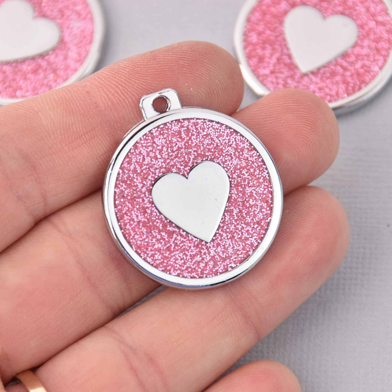 2 Light Pink Heart Charms, Glitter Enamel with Silver, 34mm, chs7851