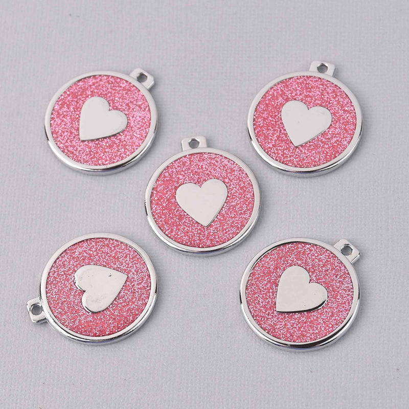 2 Light Pink Heart Charms, Glitter Enamel with Silver, 34mm, chs7851